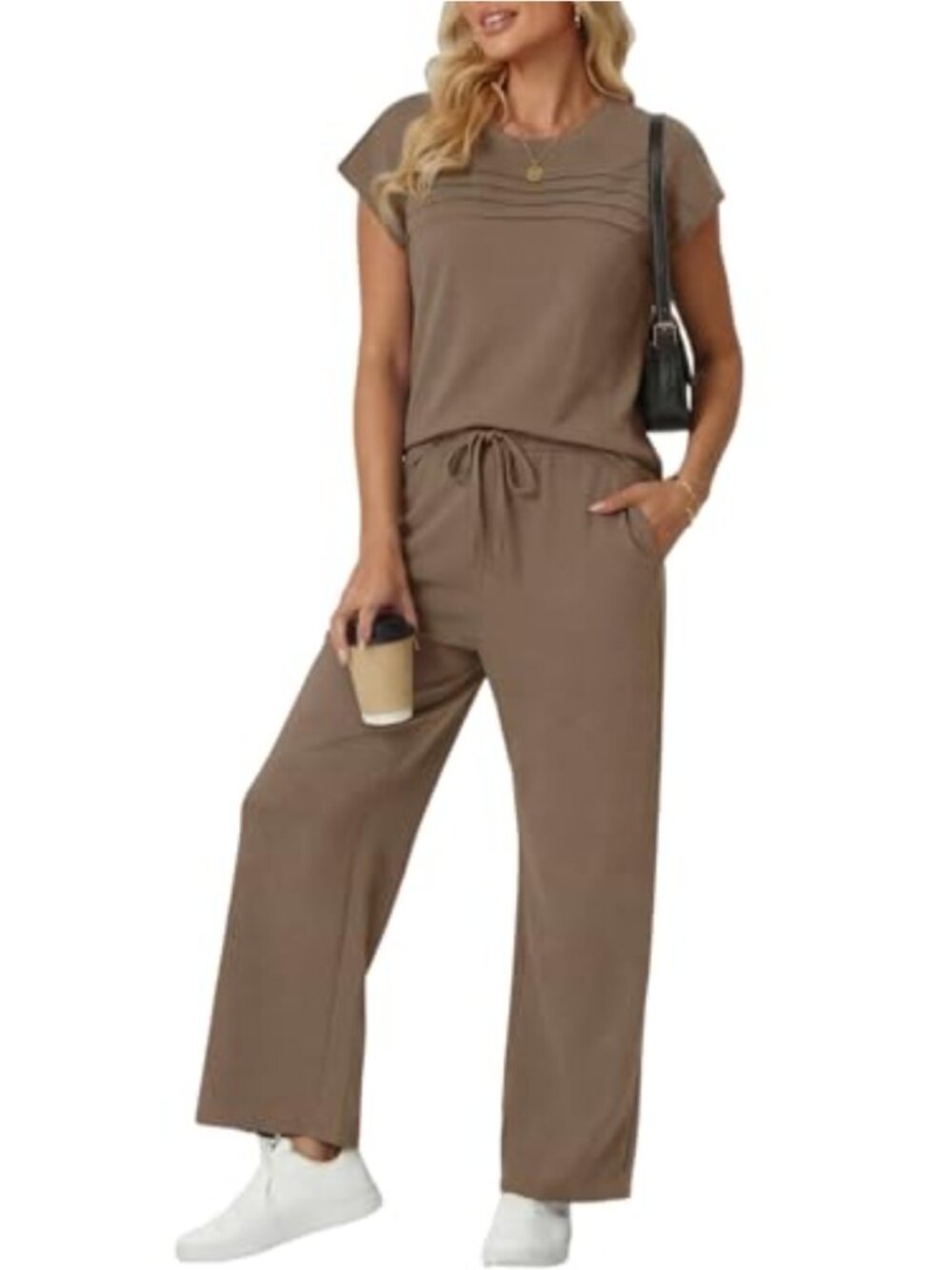 Women's 2 Piece Lounge Set Short Sleeve Top & Wide Leg Pants with Pockets